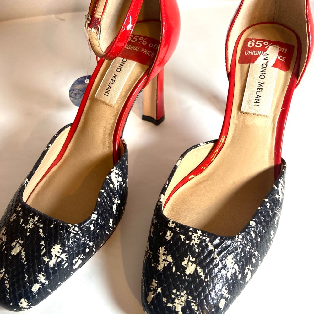 ANTONIO MELANI Red and Black/White Patterned Ankle-Strap Heels - Picture 7 of 10